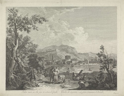 Landschap met dorp aan meer