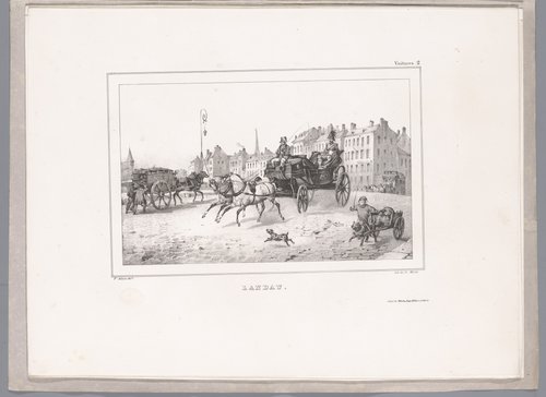 Twee passagiers worden voortgereden in een Landauer by Victor Adam