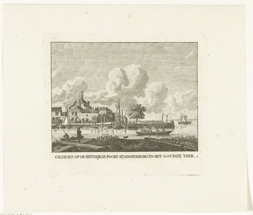 Gezicht op achterzijde Riedijkspoort met stadsherberg en het veer naar Gouda te Dordrecht
