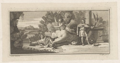 Allegorische scène met Justitia, moordenaar en man met twee brandende toortsen