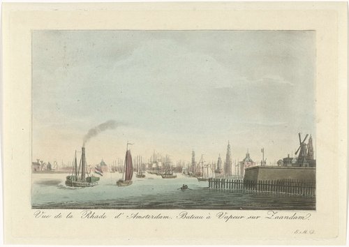Vue de la Rhade d' Amsterdam. Bateau à Vapeur sur Zaandam