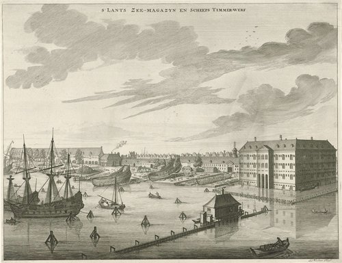 Gezicht op 's Lands Zeemagazijn (Admiraliteitsmagazijn) en de Admiraliteitswerf te Amsterdam