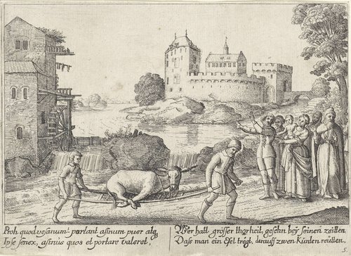Fabel van de boer en zijn ezel; De boer en zijn zoon dragen de ezel op een draagbaar by Wenceslaus Hollar
