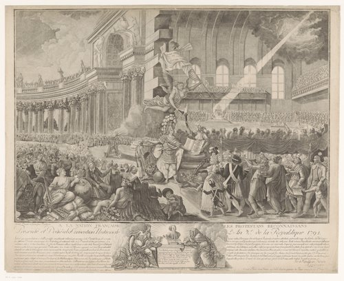 Allegorische voorstelling met de Nationale Conventie die de 'Declaration des droits de l'homme et du citoyen' vieren