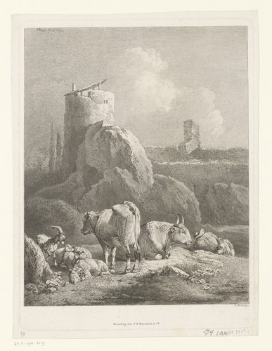 Slapende herder naast zijn vee, in de achtergrond een ruïne