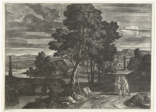 Landschap met wandelend paar