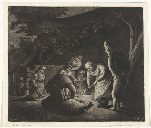 Boerenfamilie bij het slachten van een varken