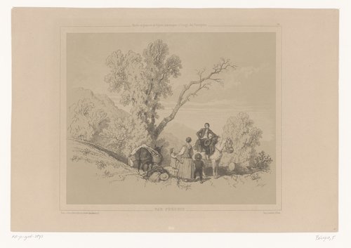 Rustende familie op reis in een berglandschap