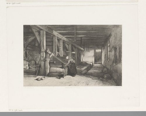 Stalinterieur met vrouw bij waterpomp