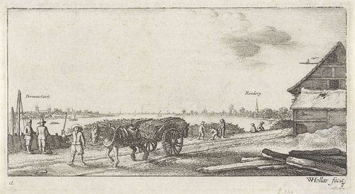 Riviergezicht vanaf een houtwerf op Rheinkassel en Rheindorf by Wenceslaus Hollar