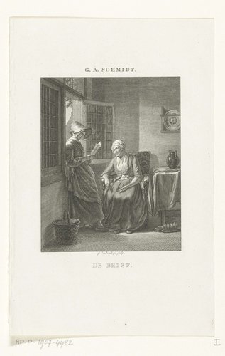 Jonge vrouw staat bij open raam en leest brief voor aan vrouw op stoel by Johannes Christiaan Bendorp