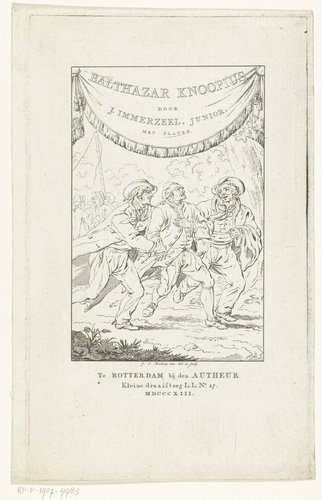 Dronken kleermaker Balthazar Knoopius ondersteund door twee mannen by Johannes Christiaan Bendorp