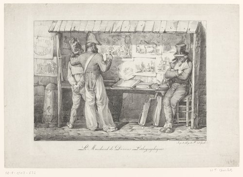 Twee soldaten voor een kraam met lithografieën by Nicolas Toussaint Charlet