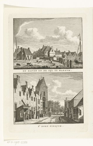 Twee dorpsgezichten: haven en sluis te Makkum en straat in Pingjum