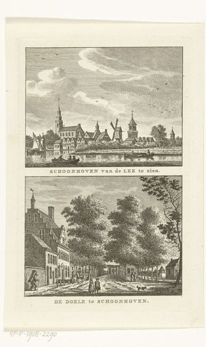 Gezicht op Schoonhoven vanaf de Lek en dorpsgezicht met de Doelen te Schoonhoven by Carel Frederik Bendorp (I)