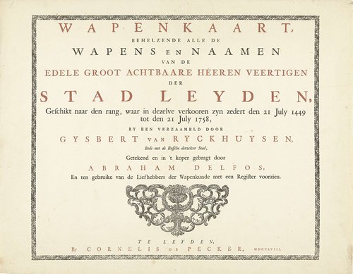 Titel en titelvignet met krulornamenten in rechthoekige ornamentlijst by Abraham Delfos