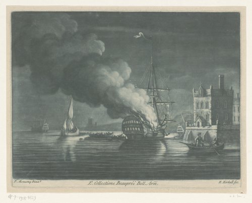 Brandend schip bij de haven