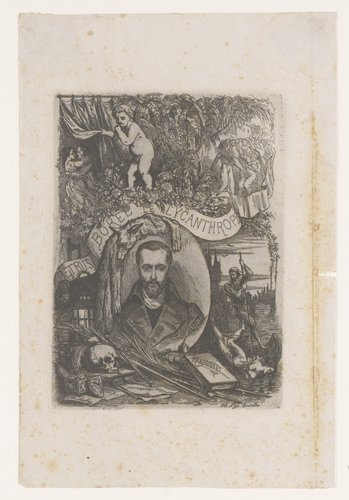 Portret van Petrus Borel omringd door scènes uit Champavert