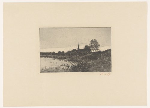 Gezicht op een meer bij het vallen van de avond, op de achtergrond een kerktoren