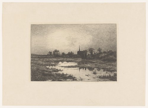 Dorpskerk in de avond, bij een meer