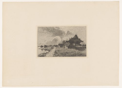 Boerderijen aan een landweg bij een meer