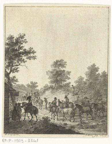 Een groep cavaleriepaarden bij een herberg by Joannes Bemme