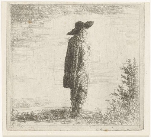 Man met hoed en stok in landschap