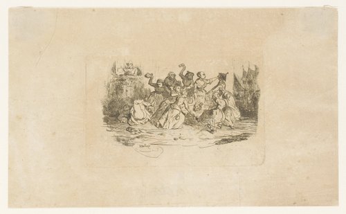 Groep mannen en vrouwen strijden met elkaar bij een waterput