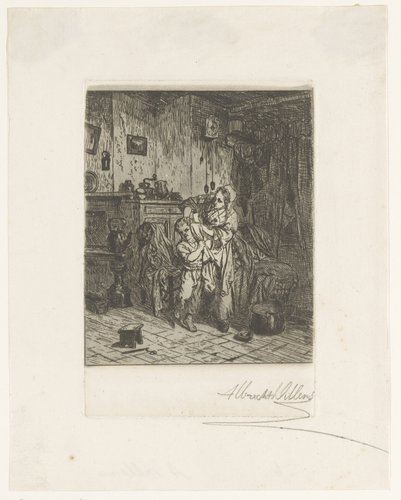 Interieur met een vrouw die het oor van een kind wast