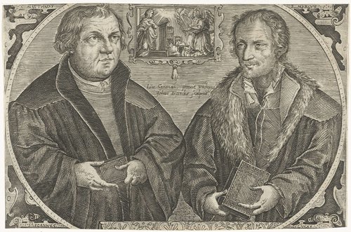 Dubbelportret van Martin Luther en Philipp Melanchton met annunciatie
