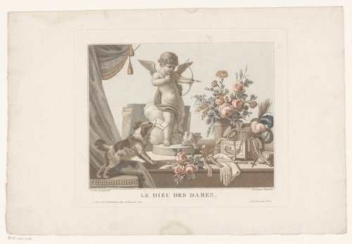 Stilleven op een tafel met een hond en een standbeeld van Cupido