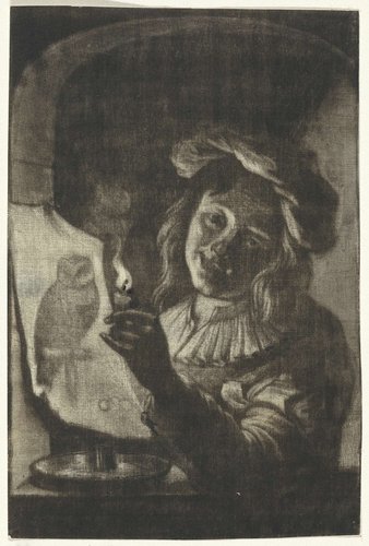 Jongen met een prent waarop een uil bij kaarslicht by Aert Schouman