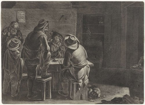 Mannen en een jongen aan een tafel