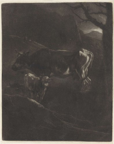 Avondlandschap met een koe en een kalf by Wallerant Vaillant