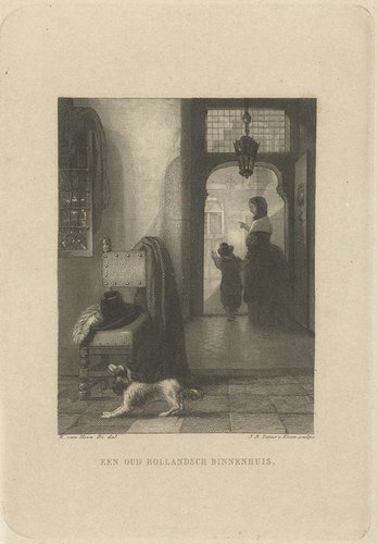 Interieur met hond by Jan Baptist Tetar van Elven