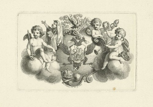 Putti rond een gekroond wapenschild by Simon Fokke