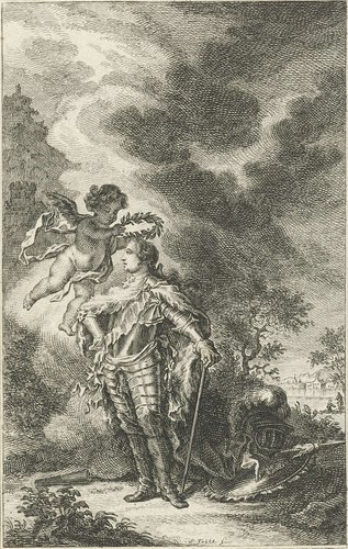 Putto lauwert een krijgsheer by Simon Fokke