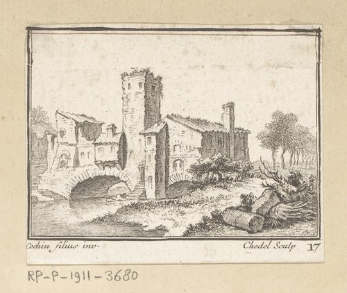 Landschap met een gebouw met toren op een brug