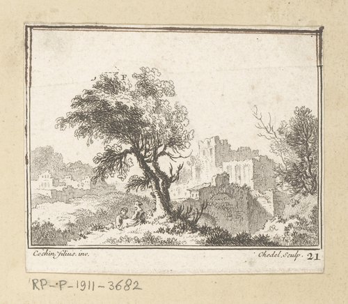 Landschap met twee rustende figuren onder een boom, een ruïne op de achtergrond