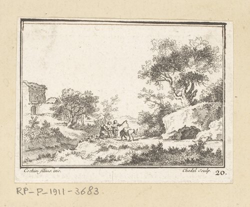Landschap met drie figuren met een ezel op een pad