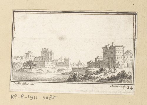 Landschap met drie figuren aan de rand van een stad