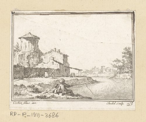 Landschap met twee vissende figuren en een herberg aan een rivier