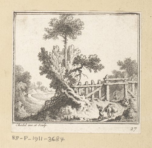Landschap met reizigers bij een hek met poort