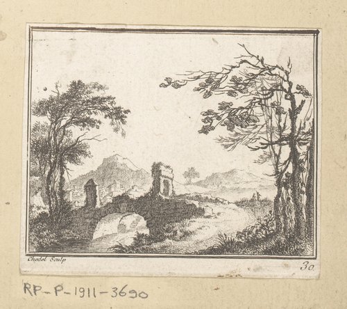 Landschap met een brug waarop een poort