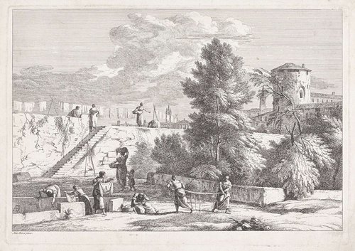 Landschap met vrouwen die de was doen