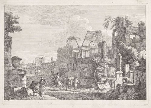 Landschap met ruïnes en reizigers