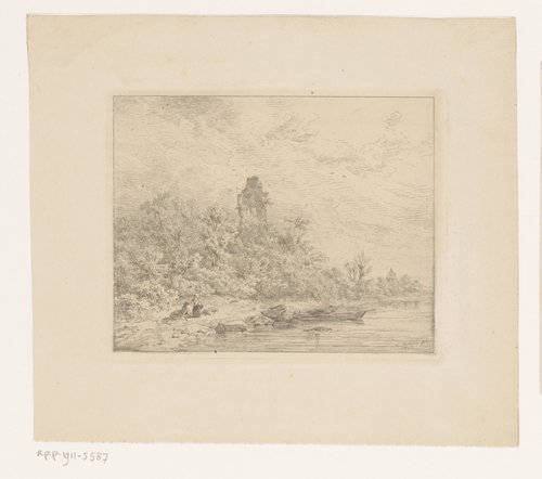 Landschap met ruïne aan het water