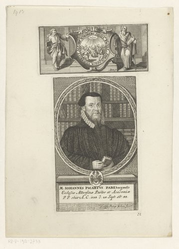 Portret van Johann Picardt op 44-jarige leeftijd en een vignet met voorstelling van de uitstorting van de Heilige Geest