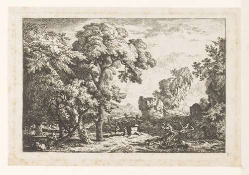 Landschap met twee figuren bij een rots