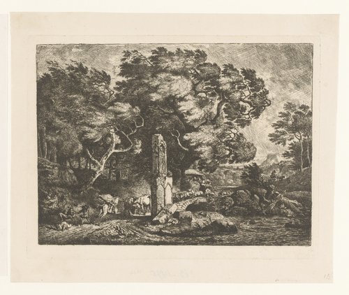 Windvlaag waait langs bomen en een stenen brug met figuren en dieren by Jean Louis Demarne
